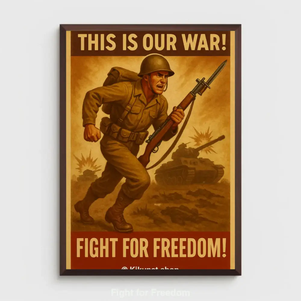 Ein Soldat mit Gewehr und Bajonett stürmt entschlossen nach vorn. Im Hintergrund Panzer und Explosionen. Text: „This is our war! Fight for freedom!“