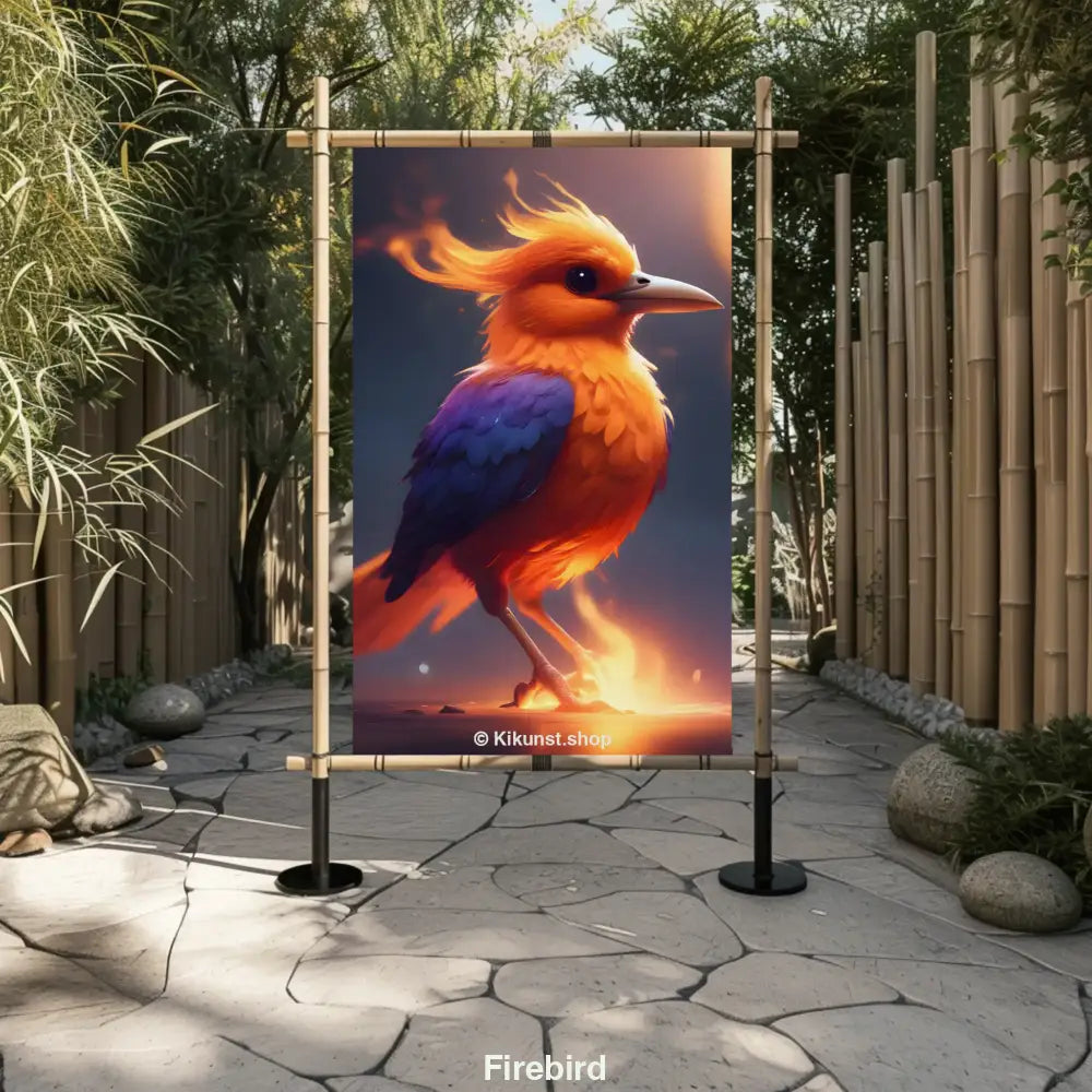 Ein leuchtend orange-violetter Vogel mit flammender Krone steht im Schein mystischer Glut und schaut entschlossen nach vorn