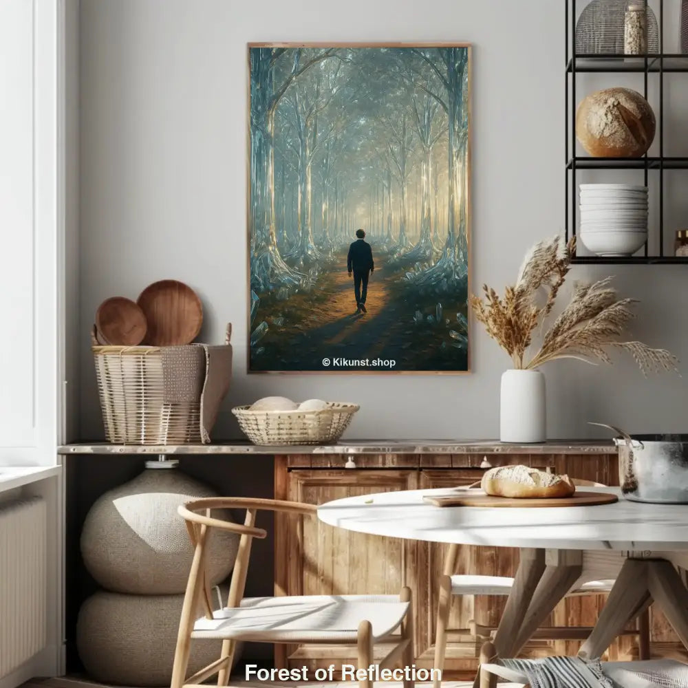 Ein Mensch wandert durch einen Wald mit gläsernen Bäumen und Kristallen. Sonnenlicht bricht durch das Geäst – magisch und surreal.