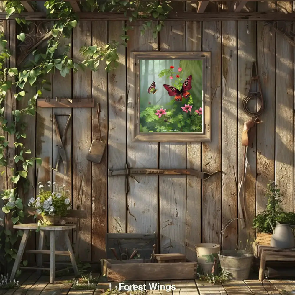 Zwei farbenprächtige Schmetterlinge flattern über rosa Blumen in einem mystischen, nebligen Wald