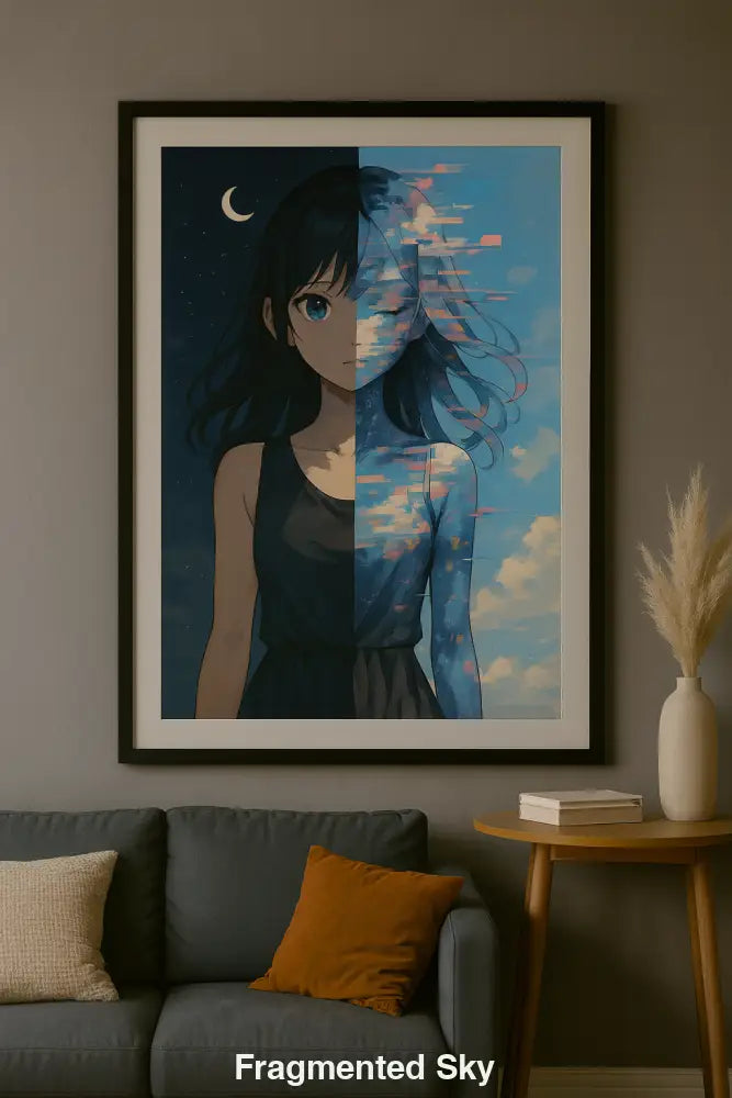 Anime-Gemälde eines Mädchens mit geteiltem Tag-Nacht-Hintergrund und Glitch-Effekt im Gesicht