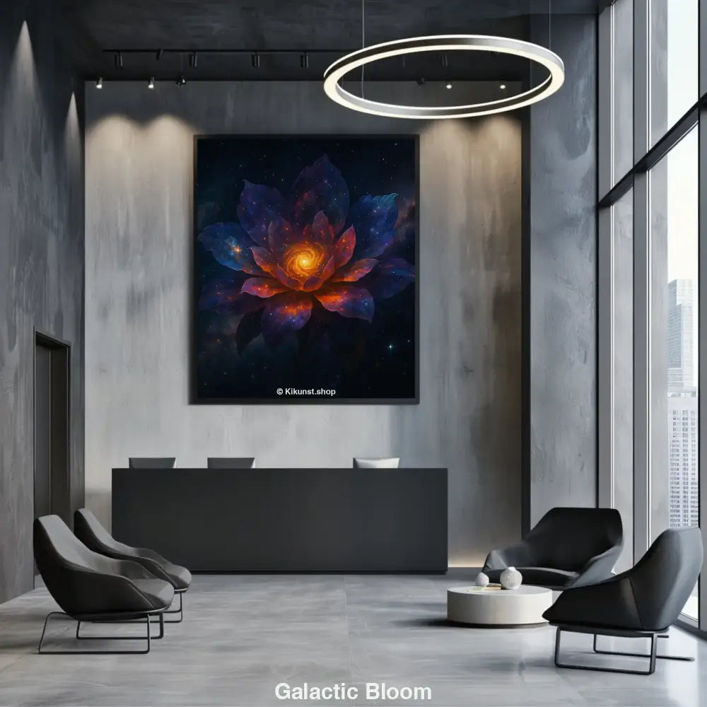 Eine leuchtende Blume mit kosmischen Blütenblättern entfaltet sich im Sternenmeer des Universums.