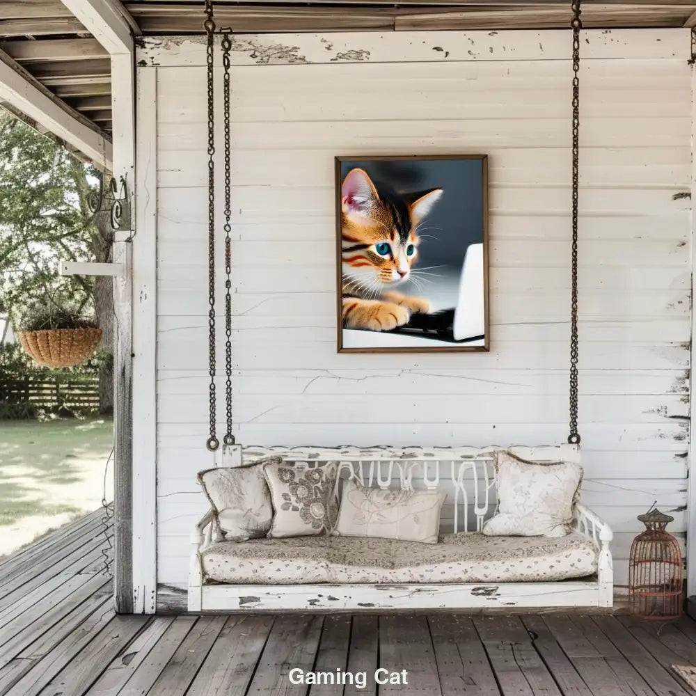 Eine süße Katze mit leuchtend blauen Augen sitzt vor einem Laptop und scheint konzentriert zu tippen – ein humorvolles digitales Kunstwerk.