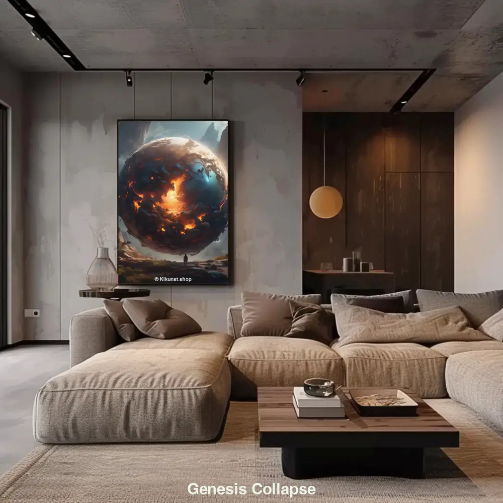Ein Mensch steht vor einer gigantischen, brennenden Kugel im Himmel – ein episches Kunstwerk zwischen Zerstörung und Neuanfang.