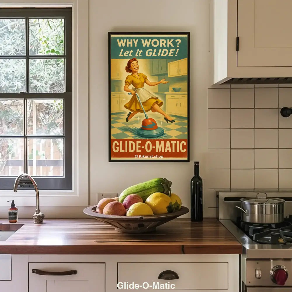 Fröhliche Hausfrau tanzt mit Bodenpolierer in Retro-Küche – humorvolle 50er-Jahre-Werbung für das Reinigungsgerät „Glide-O-Matic“.