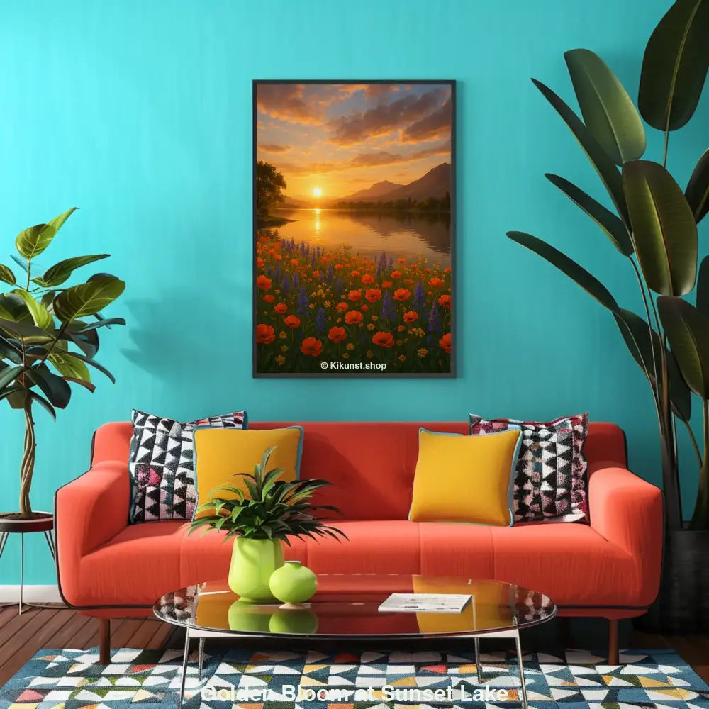 Golden Bloom at Sunset Lake – AI Art