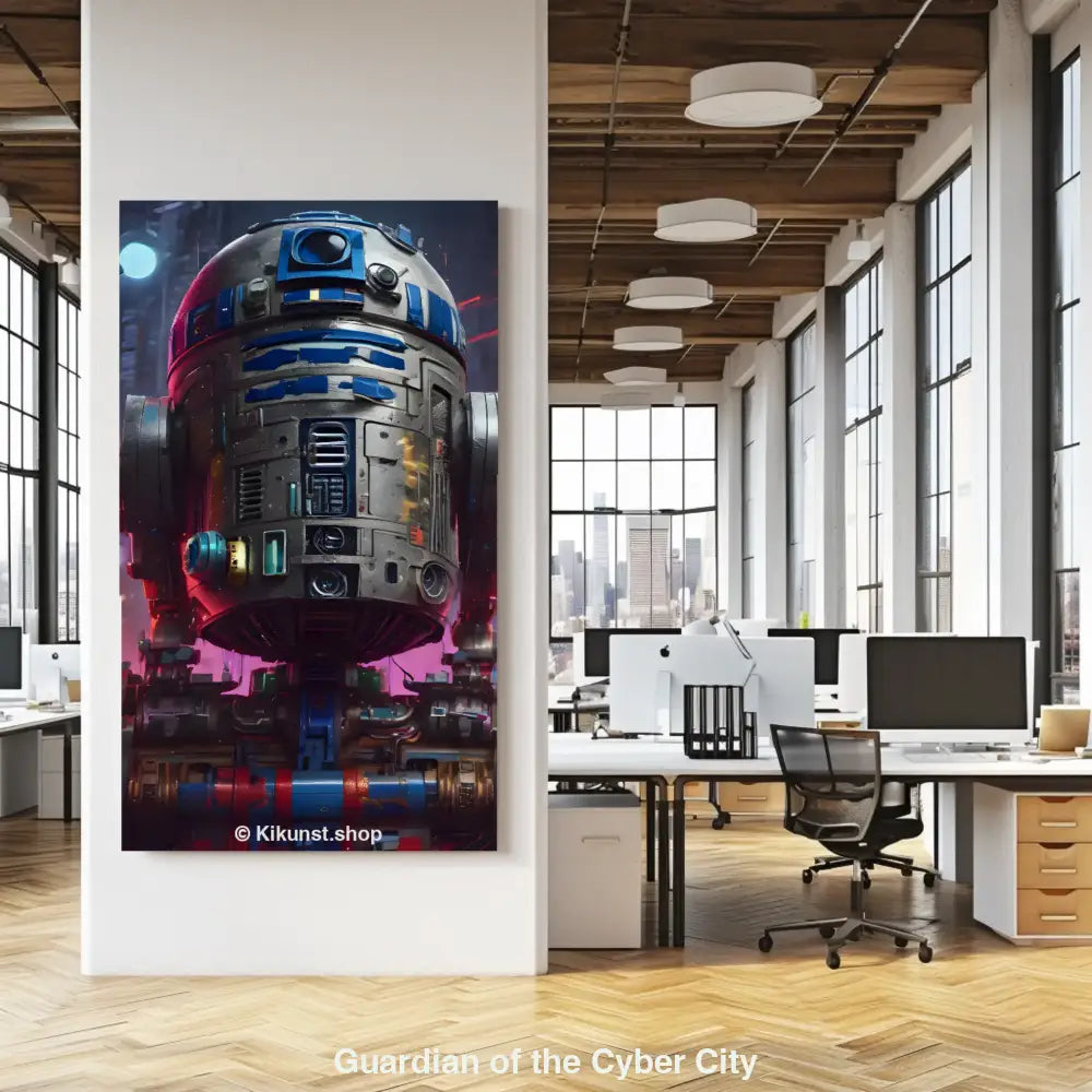 Ein retrofuturistischer Roboter steht inmitten einer neonbeleuchteten Cyberpunk-Stadt, umgeben von Lichtern, Kabeln und futuristischen Gebäuden.