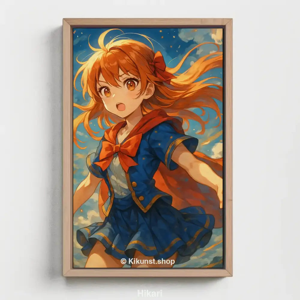 Ein energiegeladenes Anime-Mädchen mit orangefarbenem Haar im Wind. Umgeben von Licht und Wolken strahlt sie Mut, Hoffnung und Entschlossenheit aus.