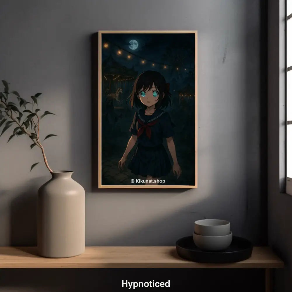 Anime-Mädchen mit hypnotischen Augen steht nachts in einem düsteren, geisterhaften Vergnügungspark mit Riesenrad und Karussell im Hintergrund.
