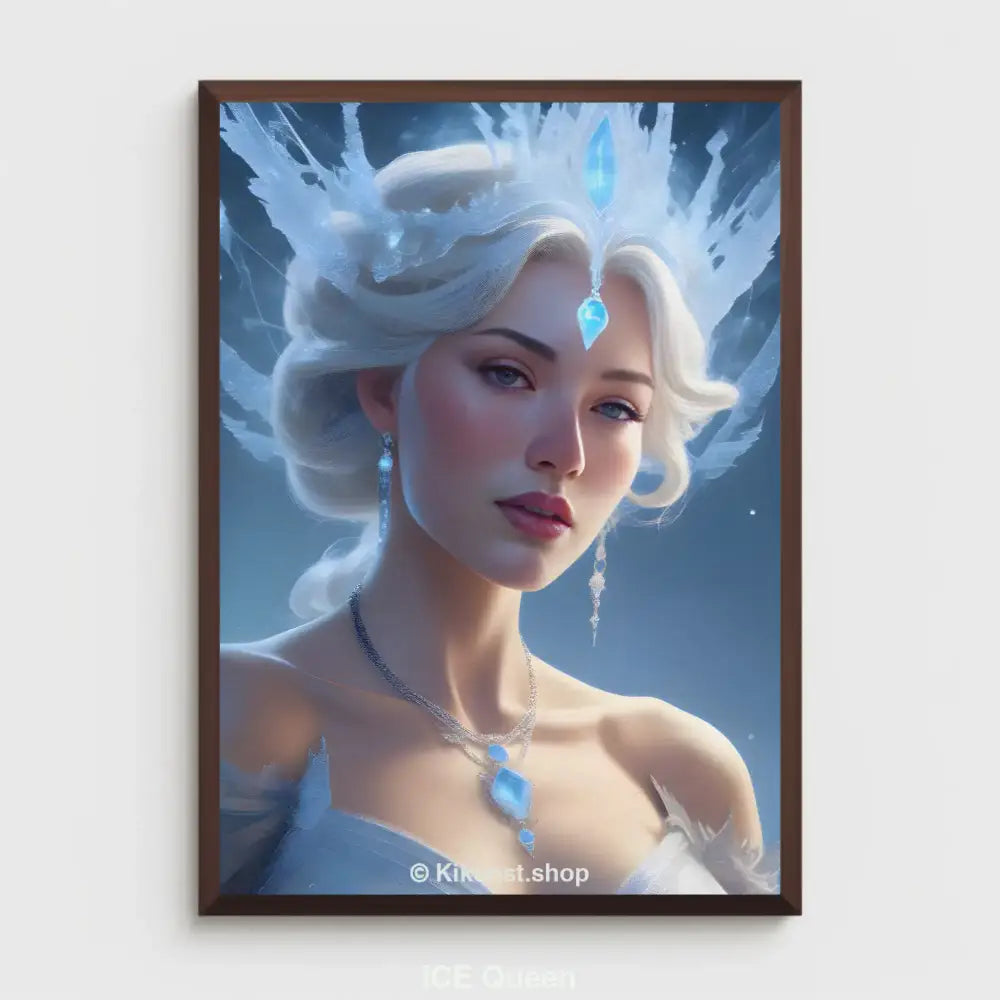 Porträt einer eleganten Eisprinzessin mit funkelnder Krone und blauen Edelsteinen als Fantasy-Mockup-Kunstwerk
