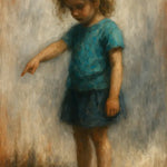 Porträt eines kleinen barfüßigen Mädchens in blauer Kleidung, das mit dem Finger auf den Boden zeigt, gemalt in klassischer Öloptik