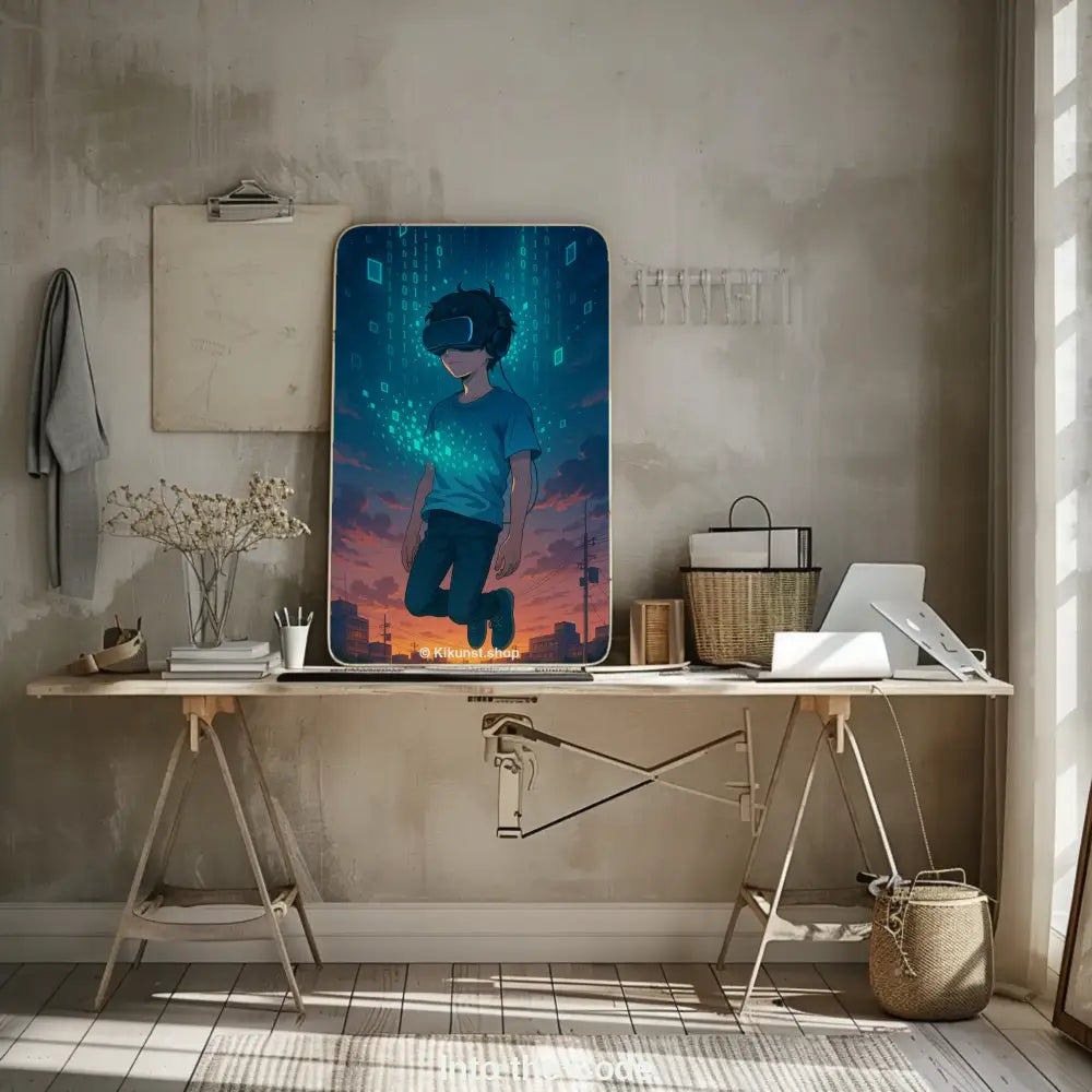 Ein Junge mit VR-Brille schwebt inmitten digitaler Codes über einer Stadt im Sonnenuntergang – modernes Technik-Mockup.