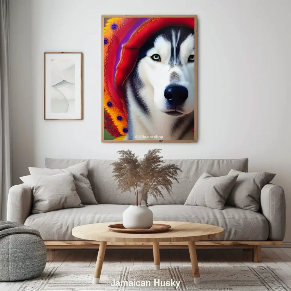 Ein Husky mit verschiedenfarbigen Augen, gehüllt in ein farbenfrohes, jamaikanisch inspiriertes Gewand – digitale Tierkunst.