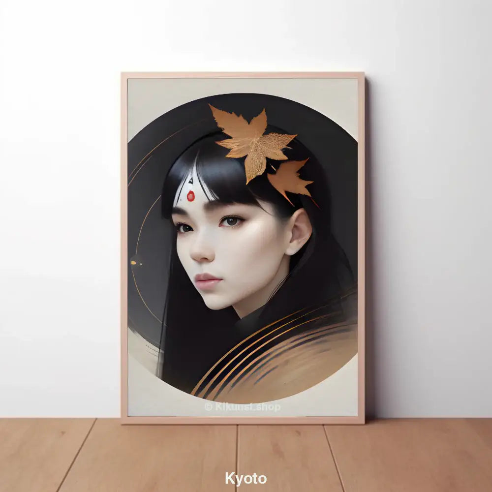 Digitales Porträt einer Frau mit Ahornblättern im Haar und japanischen Symbolen, stilvoll gestaltet im Kyoto-Mockup-Stil.