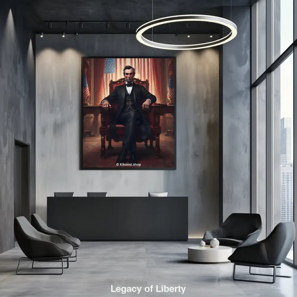 Ein ernster Präsident in schwarzem Anzug sitzt vor US-Flaggen – digitales Kunstwerk „Legacy of Liberty“ als realistisches Mockup.