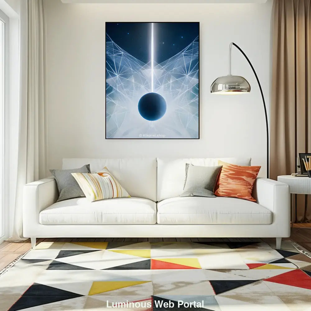 Futuristisches Mockup mit schwarzer Kugel, Lichtstrahl und geometrischem Netz vor einem kosmischen Hintergrund – abstrakte Kunst.