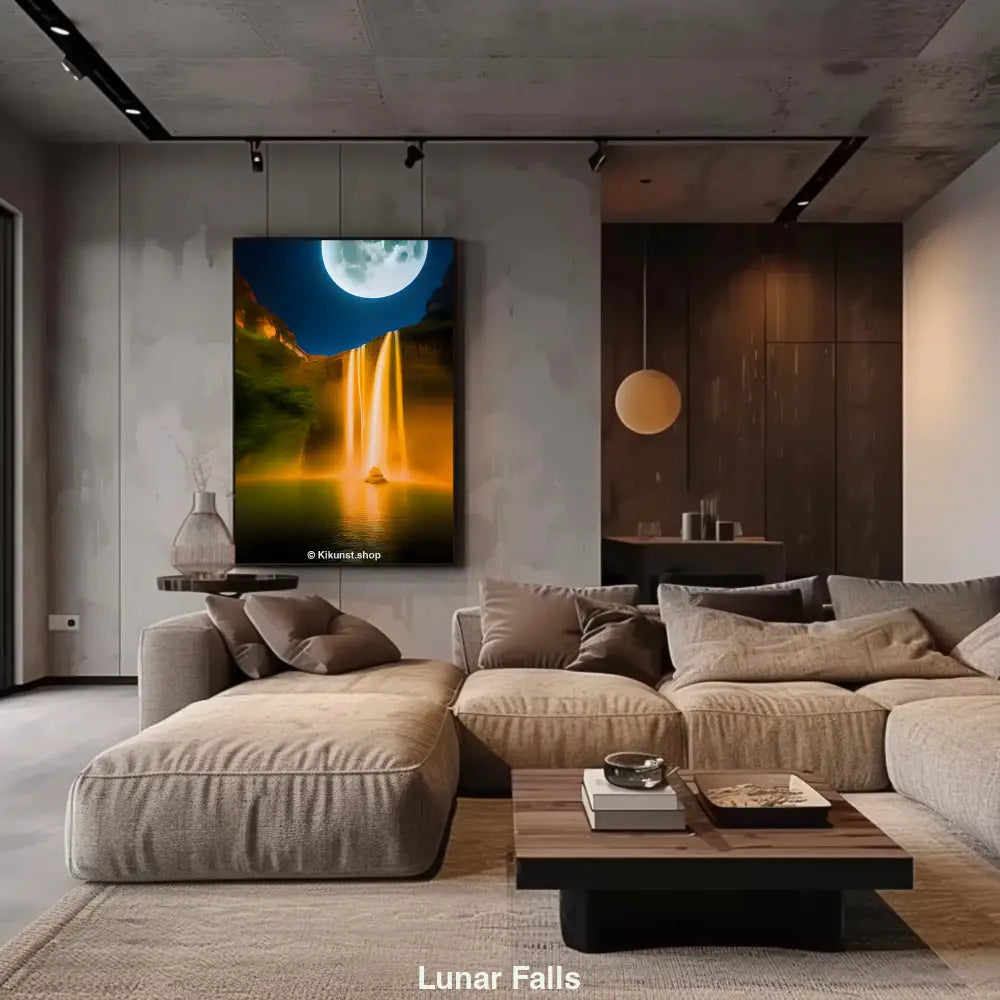 Magisches Mockup mit goldenem Wasserfall bei Nacht, umgeben von Natur, mit großer leuchtender Vollmondkulisse im Hintergrund.