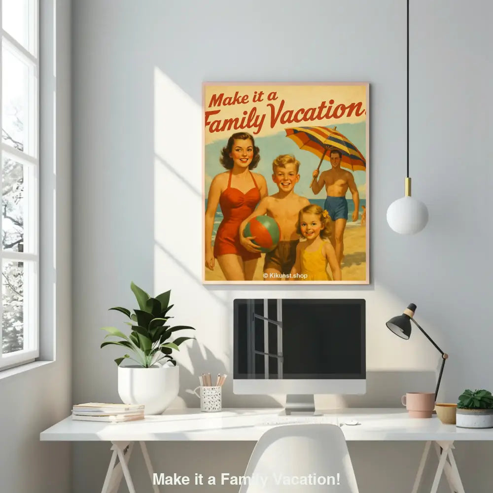 Mockup einer glücklichen Familie im Retro-Stil am Strand, mit Ball und Sonnenschirm – nostalgisches Feriengefühl.