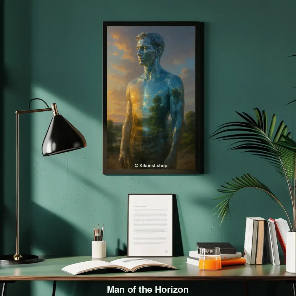 Mockup eines surrealen Kunstwerks: männliche Figur zeigt Sonnenuntergangslandschaft auf Körper – Natur trifft Mensch.