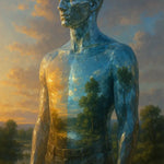 Stilisierte Männerfigur mit Landschaft als Oberfläche – KI-Kunst über Mensch-Natur-Verbindung und innere Bewusstseinsräume.