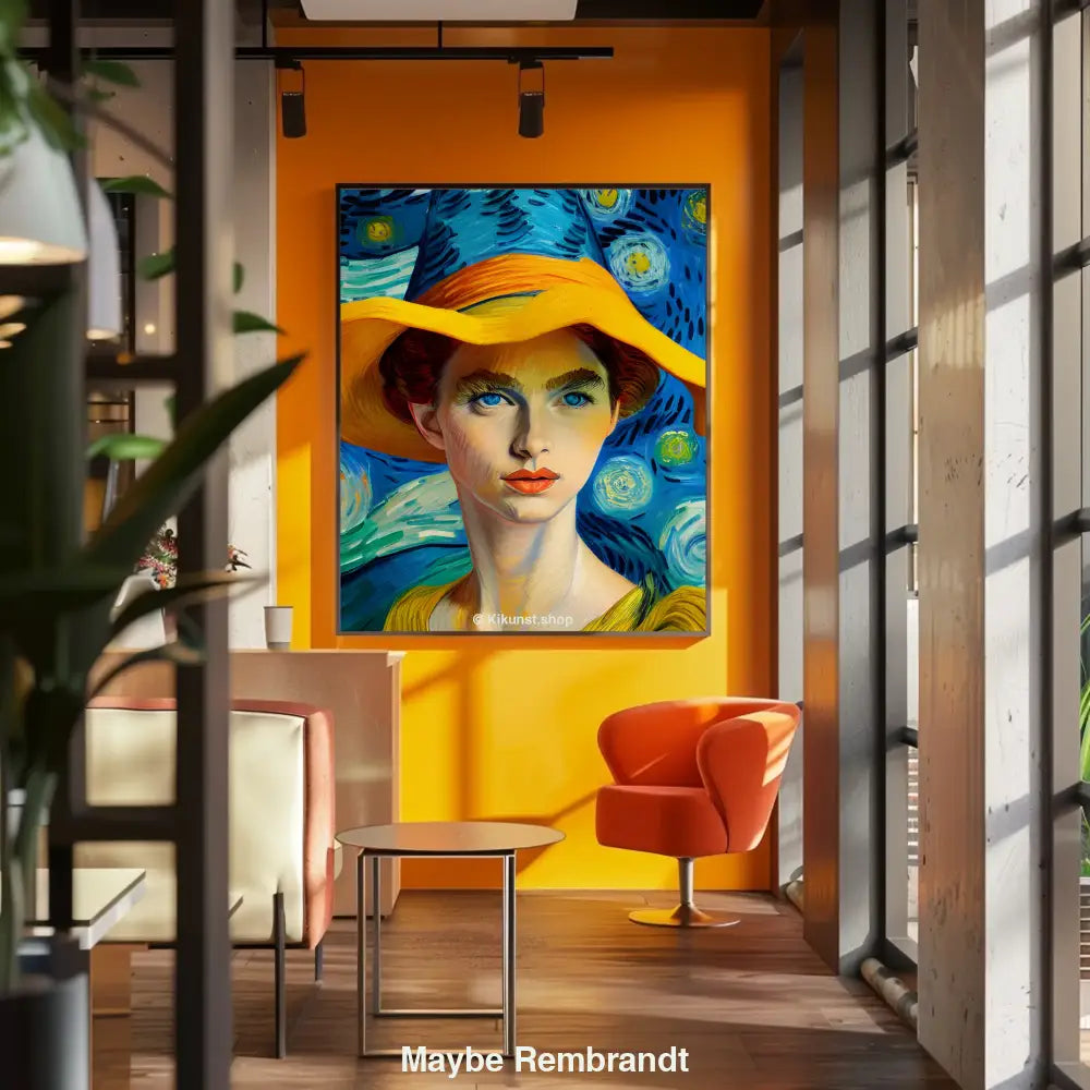 Mockup einer stilisierten Frau mit gelbem Hut vor gemaltem Sternennacht-Hintergrund, inspiriert von Van Gogh und Rembrandt.