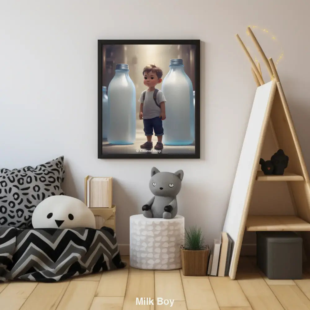 Mockup eines surrealen Kunstwerks mit einem kleinen Jungen, der zwischen riesigen Milchflaschen in weichem Licht steht.