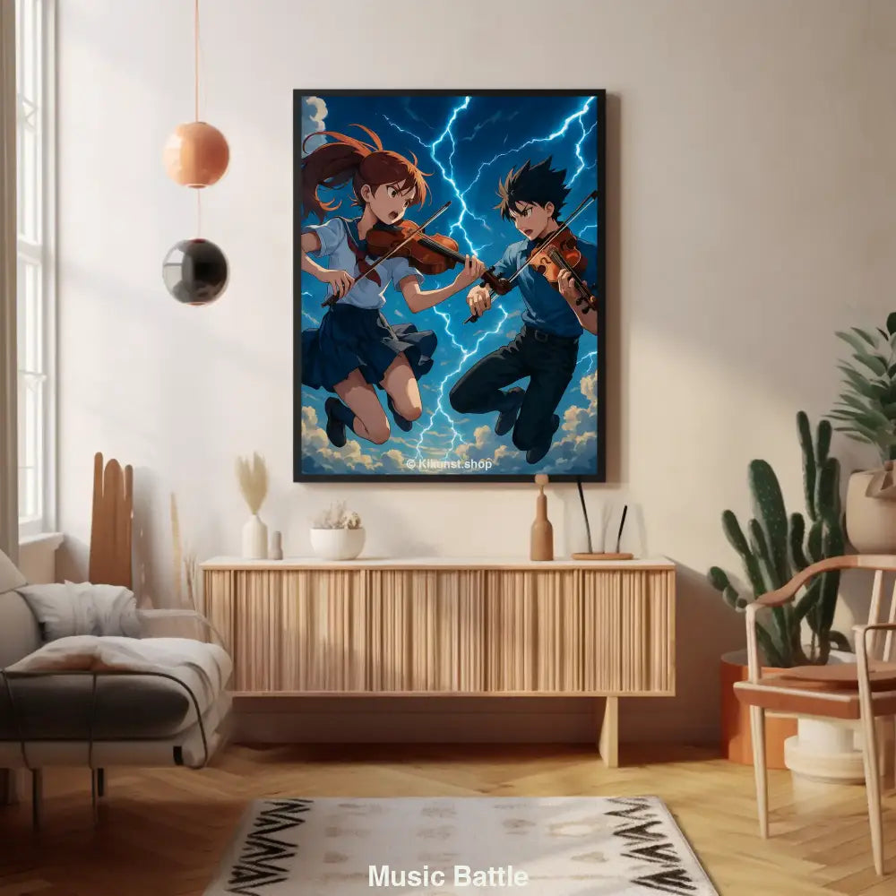 Mockup eines Anime-Violin-Duells inmitten eines Sturmhimmels mit Blitzen – zwei Jugendliche spielen entschlossen Geige in der Luft.