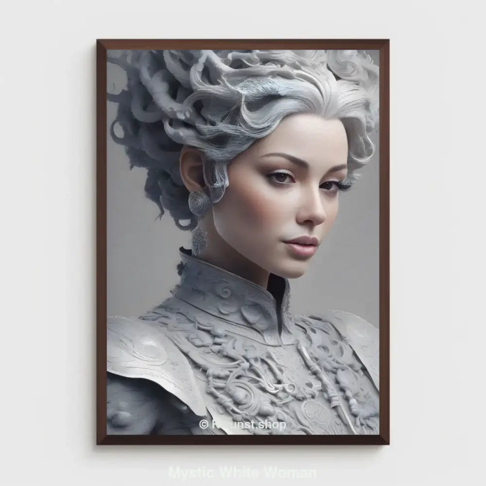 Mockup einer eleganten Frau in kunstvoller weißer Rüstung mit detailreicher Frisur und ruhigem Blick auf hellem Hintergrund