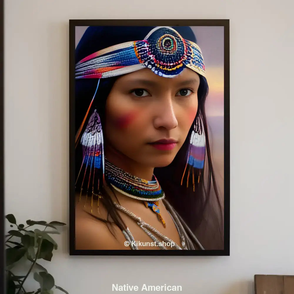 Mockup mit Porträt einer Frau im indigenen Schmuck, mit Federschmuck und Perlen vor sanftem Sonnenuntergang