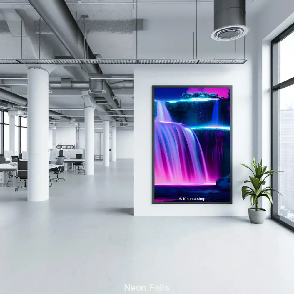 Mockup eines surrealen Wasserfalls mit leuchtendem pink-blauen Neonlicht in nächtlicher, traumhafter Landschaft.