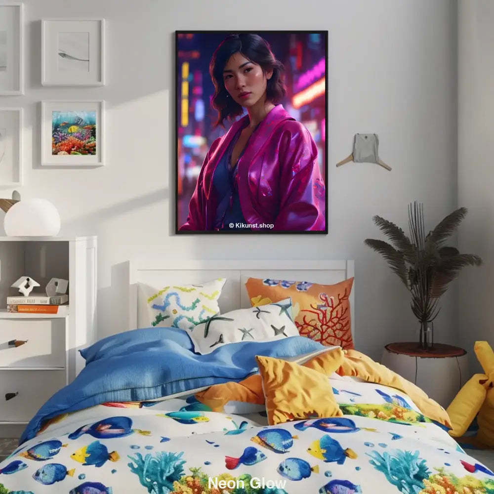 Mockup einer jungen Frau in pinker Jacke vor bunten Neonlichtern einer Großstadt bei Nacht – leuchtend, modern und stilvoll.