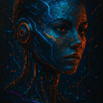 Futuristisches Cyborg-Porträt einer Frau mit neonblauen und orangen Linien auf dunklem Hintergrund