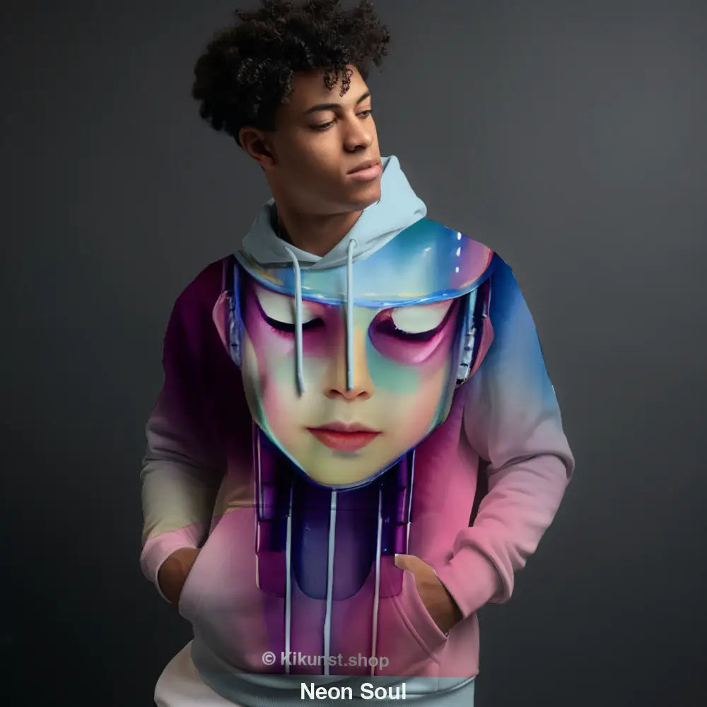 Mockup eines weiblichen Cyborgs mit geschlossenen Augen in bunten Neonfarben, futuristischem Helm und verträumter Ästhetik.