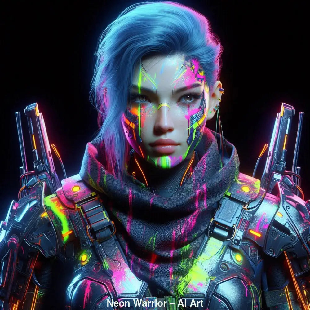 Digital Art futuristische Kriegerin in Sci-Fi-Rüstung mit neonfarbenen Mustern im Cyberpunk-Stil.
