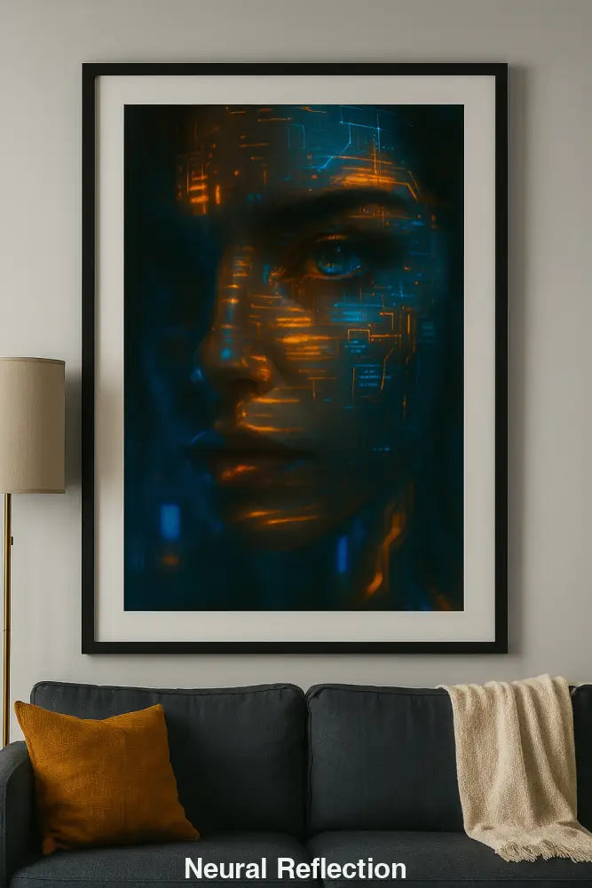 „Gerahmtes Porträt einer futuristischen Frau mit leuchtenden blauen und orangen Schaltkreisen über grauem Sofa.“