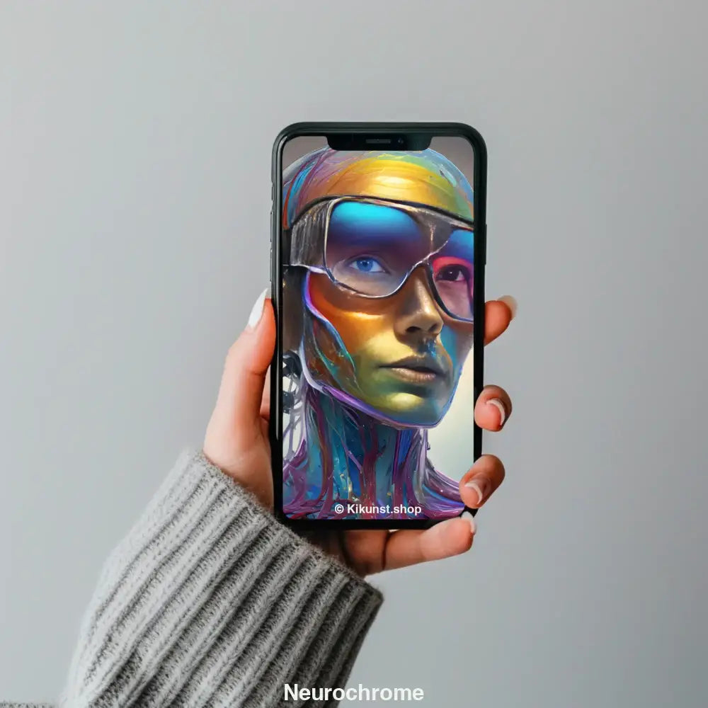 Mockup eines futuristischen Cyborgs mit transparenter Haut, leuchtenden Farben, Kabeln und verspiegelter Brille in Nahaufnahme.