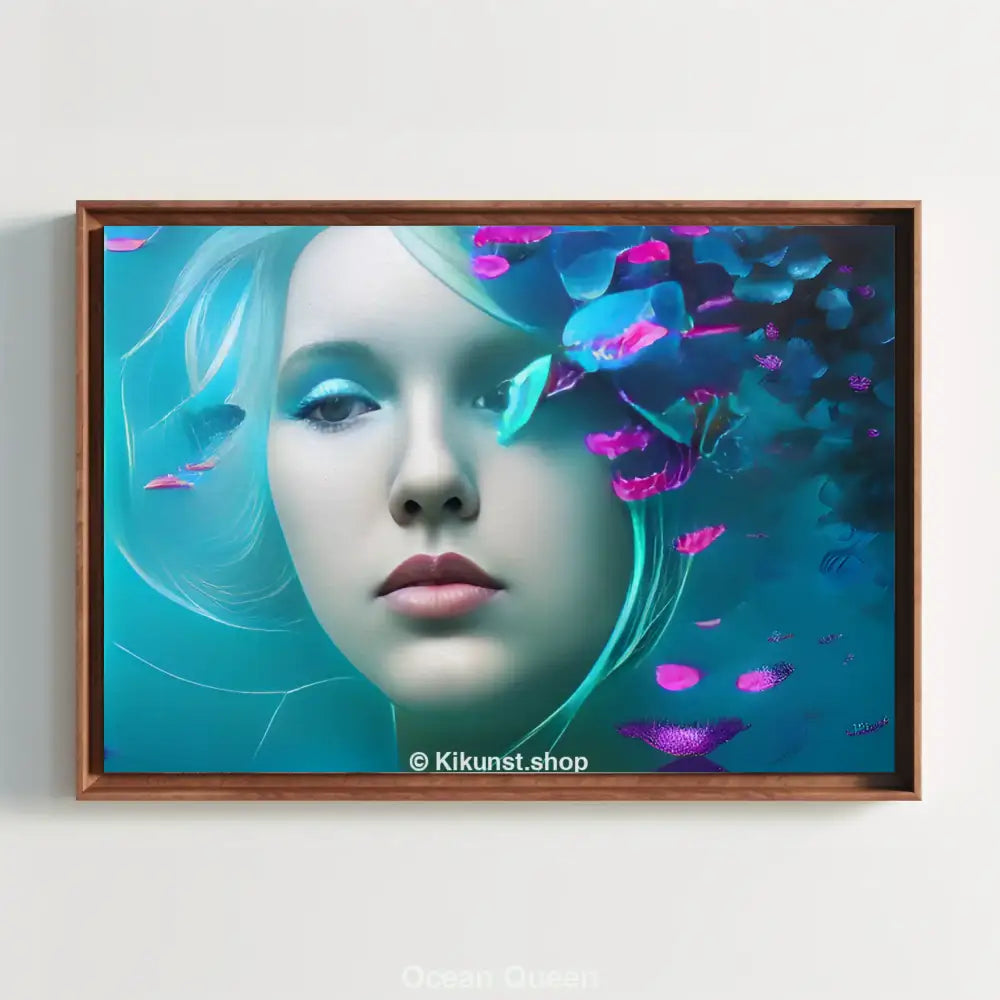 Mockup eines surrealen Unterwasserporträts einer Frau mit leuchtenden Blüten und zarten Farben in türkis, pink und violett.