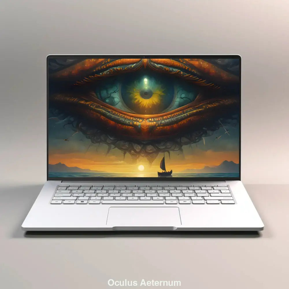 Mockup mit gigantischem Auge am Himmel über einem Segelboot bei Sonnenuntergang – mystisch, surreal und symbolträchtig