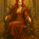 Königin des Herbstes mit rotem Haar auf Waldthron aus Ästen – kraftvolles, naturverbundenes KI-Kunstwerk.
