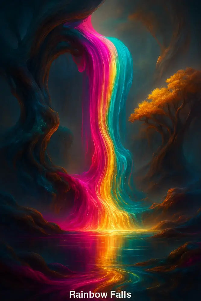 Leuchtender Regenbogen-Wasserfall in digitaler AI Kunst, umgeben von mystischer Landschaft.