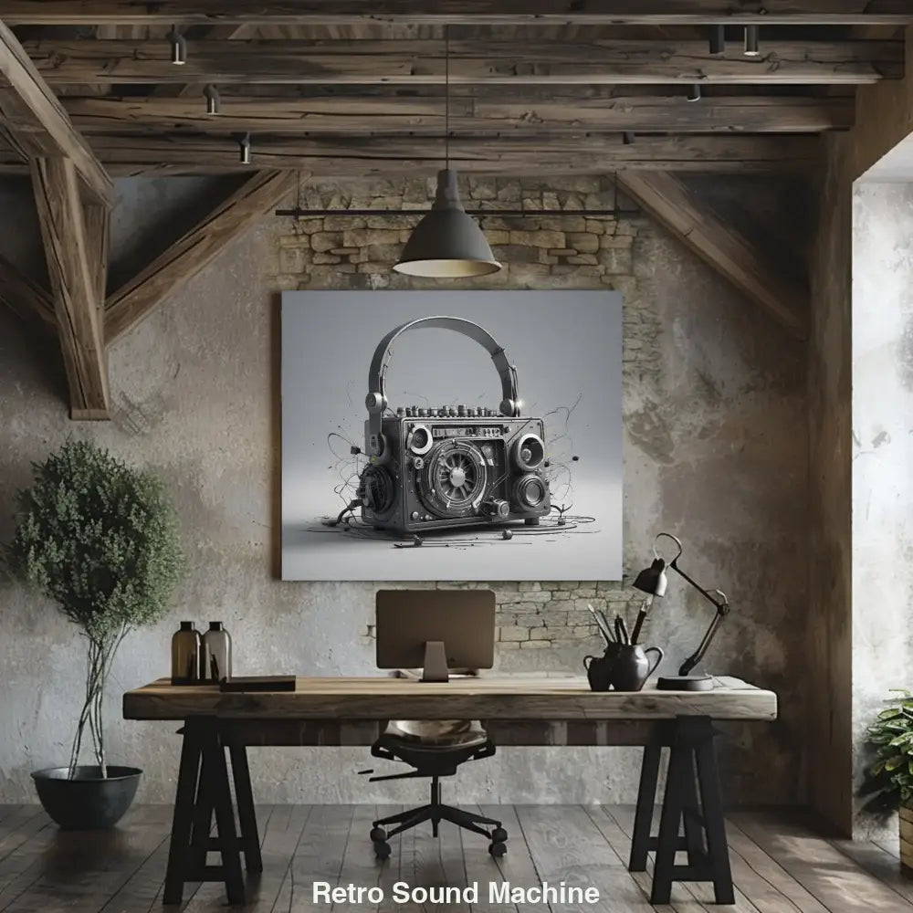 Futuristische Retro-Boombox mit integriertem Kopfhörer und Zahnrädern, verkabelt und inspiriert vom Steampunk-Stil.