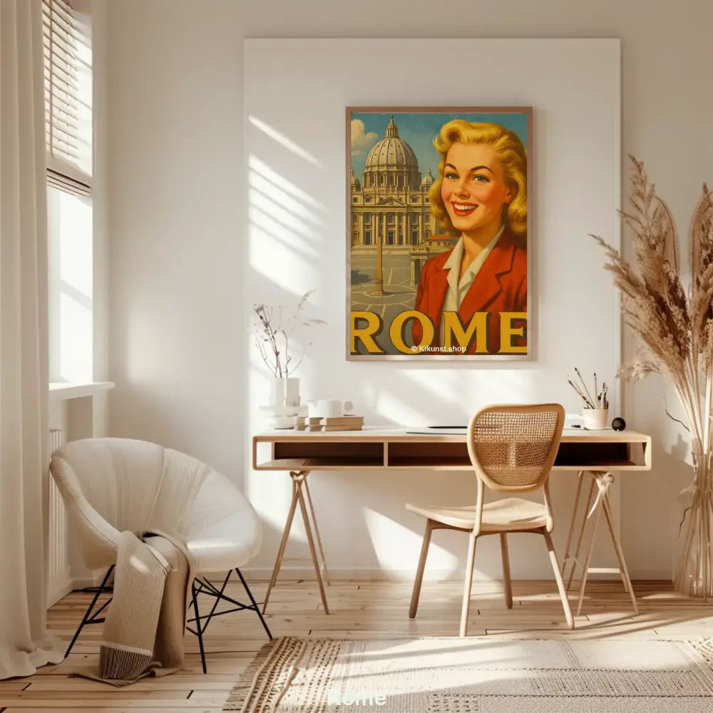 Retro-Reiseposter Rom mit lächelnder Frau und Petersdom