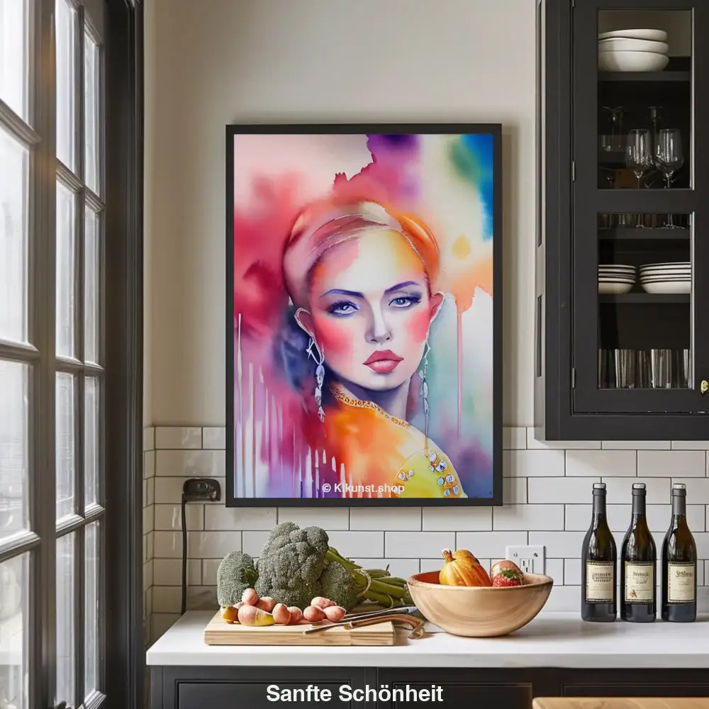 Buntes Aquarellporträt einer stilvollen Frau mit intensivem Blick und fließenden Farbverläufen im Hintergrund