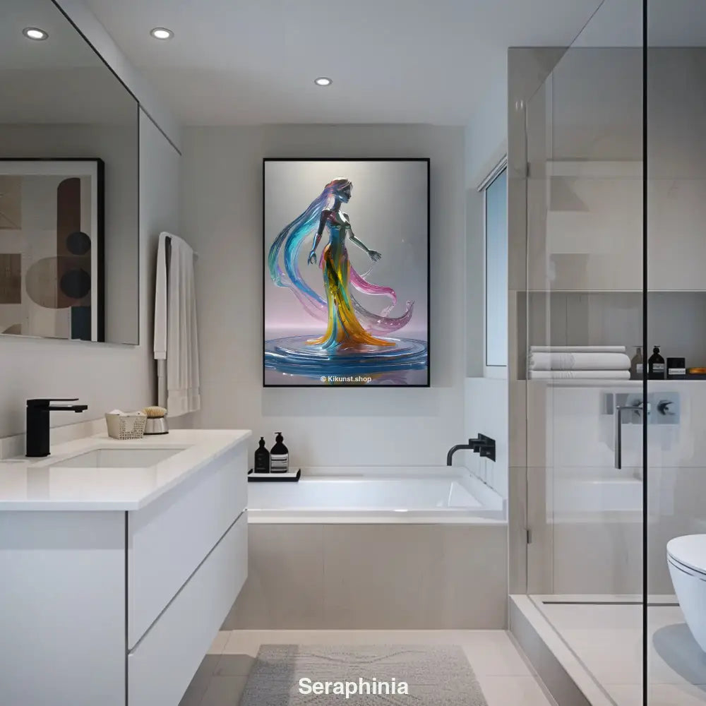 Mockup einer eleganten, bunten Glasfigur in weiblicher Form mit fließendem Haar und Kleid in einer futuristischen Lichtszene