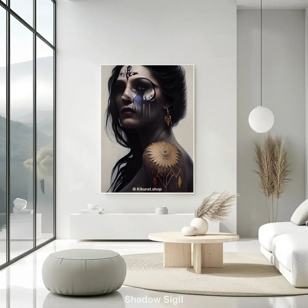 Mystisches Mockup-Porträt einer Frau mit schwarzem Make-up und ornamentaler Schulter-Tätowierung vor hellem Hintergrund