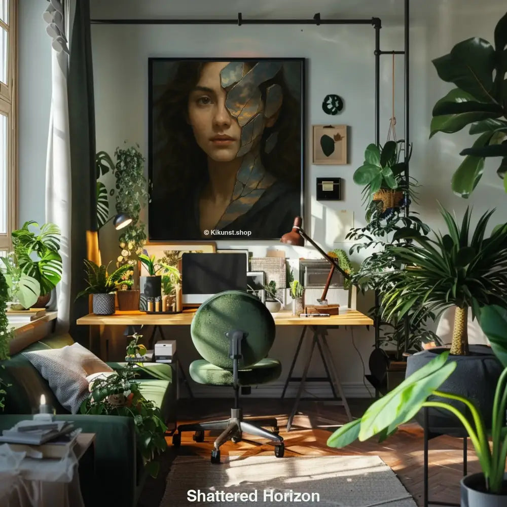 Mockup einer Frau, deren Gesicht in Bruchstücke zerfällt, dahinter ein Himmel mit Wolken – surrealer und poetischer Effekt