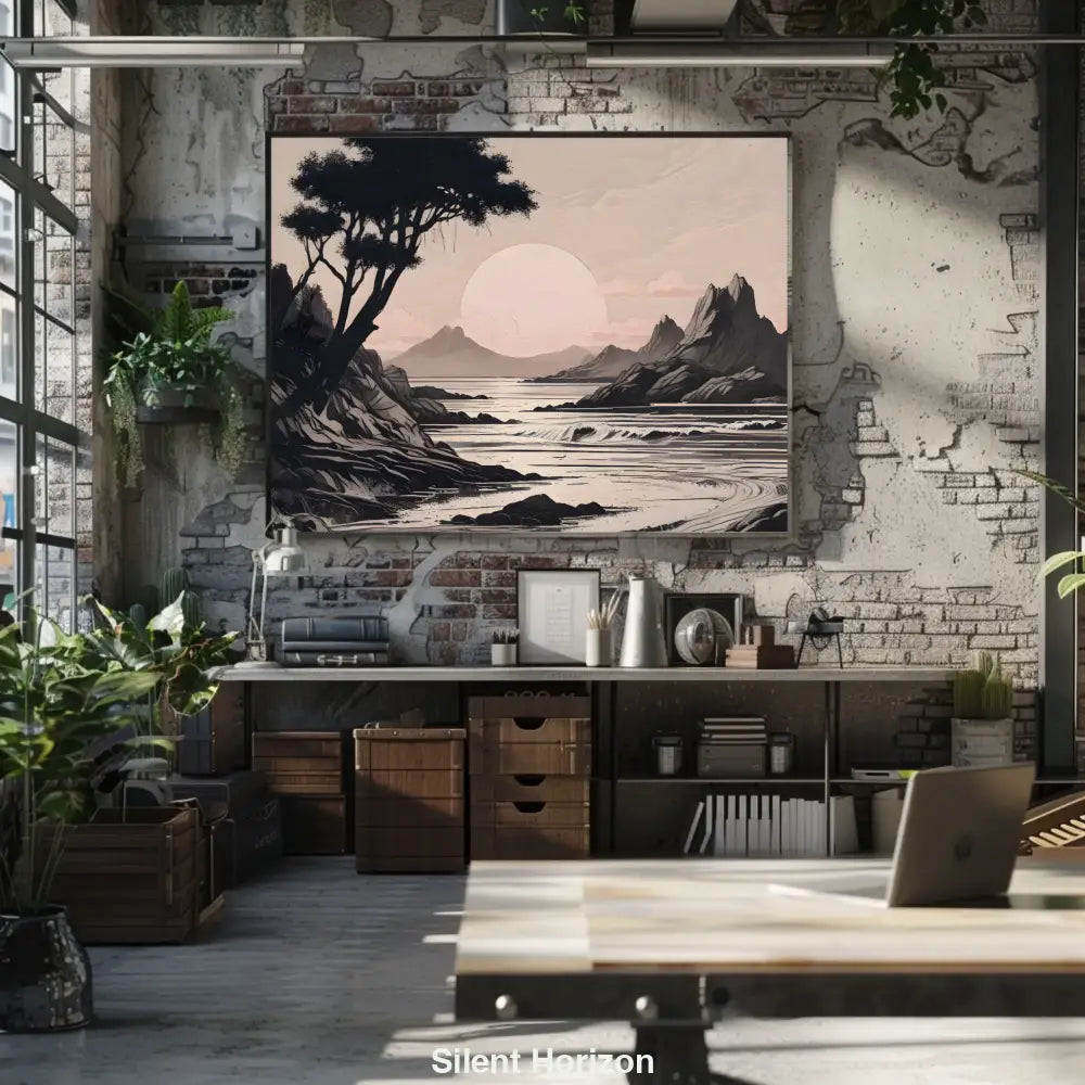 Grafische Landschaft mit Sonnenuntergang, Bergen und ruhigem Meer in monochromen Beigetönen