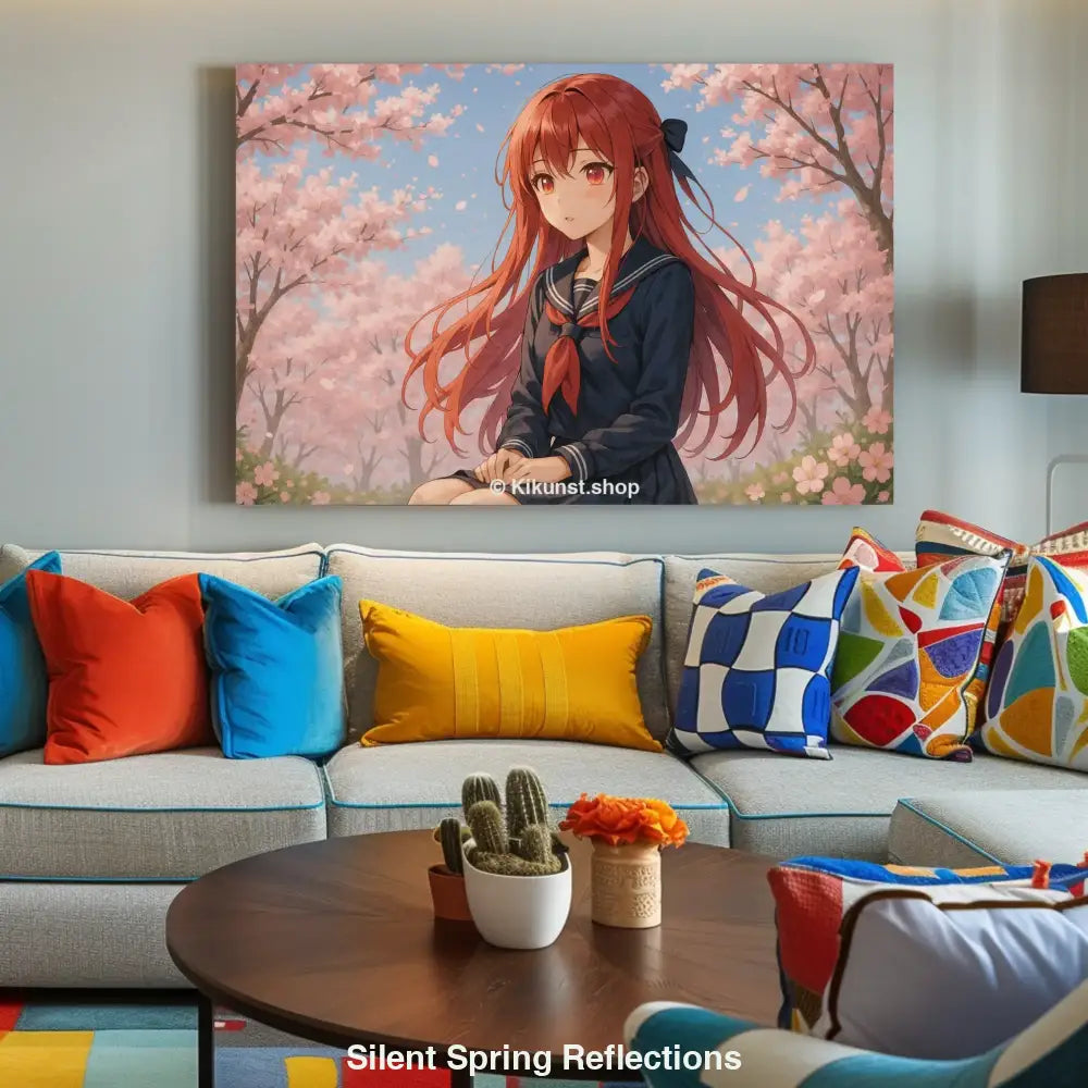 Anime-Mädchen mit langen roten Haaren sitzt nachdenklich unter blühenden Kirschbäumen im Frühling.