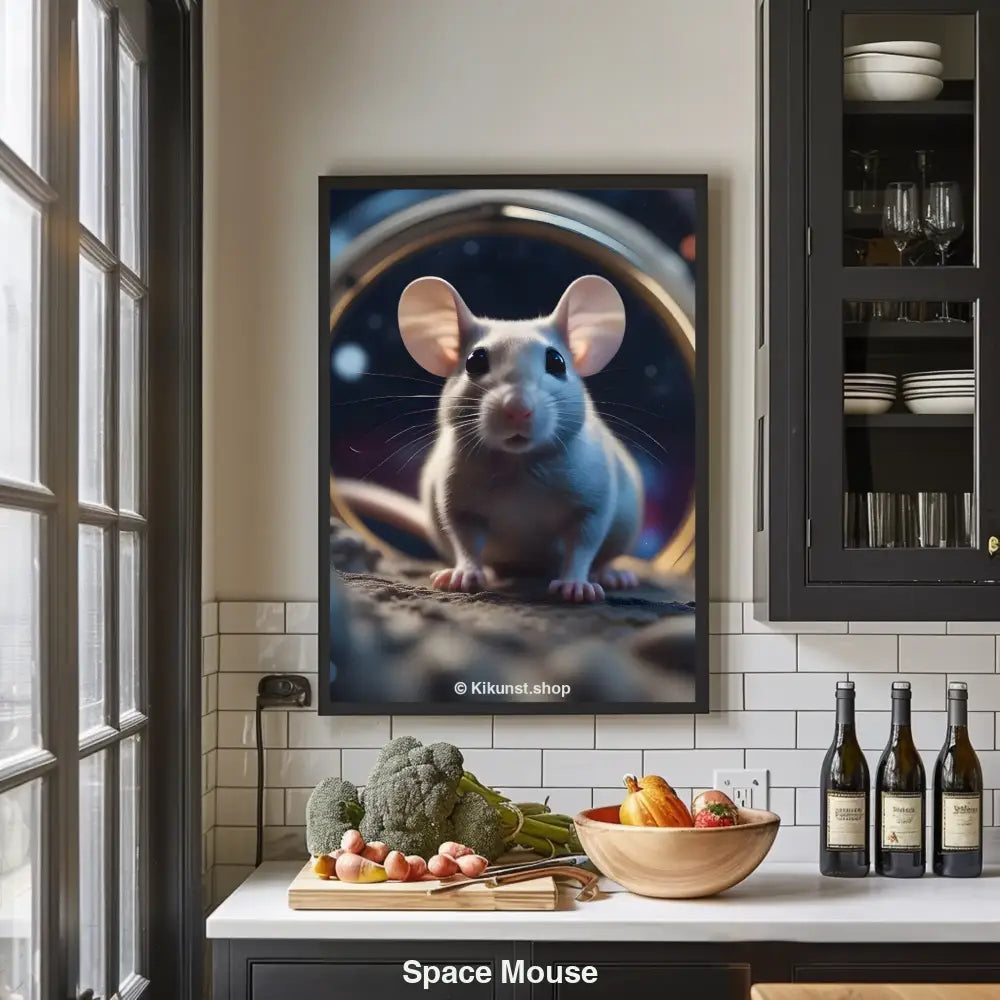 Eine neugierige Maus sitzt im Schein eines metallischen Rings im All – verspielte Space-Szene mit Sci-Fi-Flair.