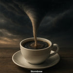 tornado steigt aus kaffeetasse in gewitterhimmel – surreale ki kunst